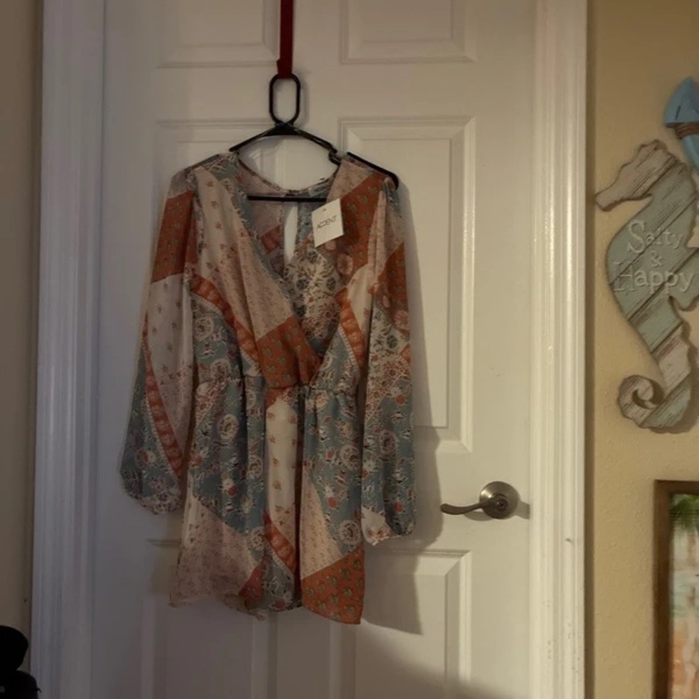 a new day Patchwork Floral Surplice Romper in Rust, Dusty Blue & Cream